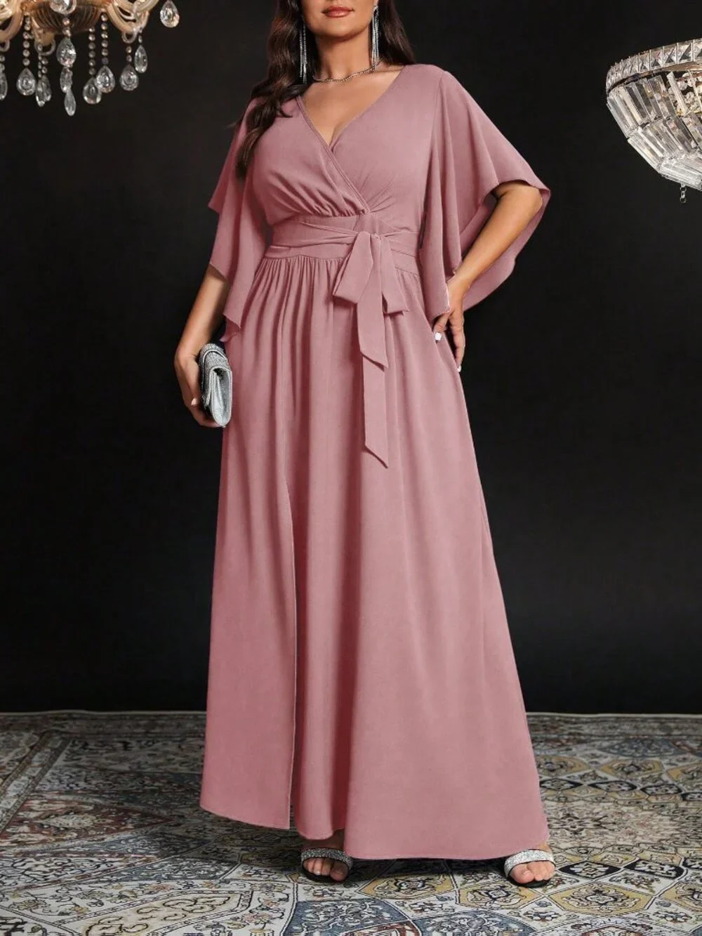 Dusty Pink Elegant Women's Plus Size V Neck Long Party Dress